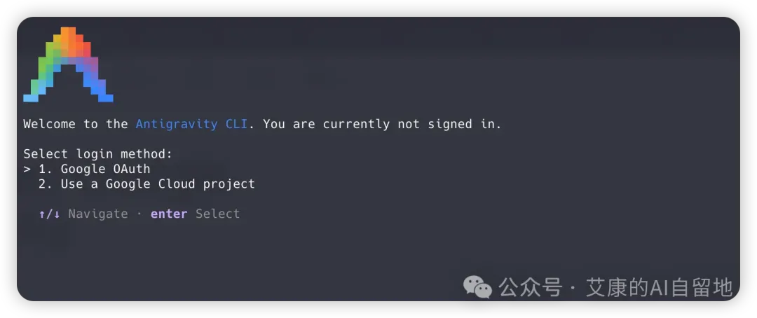 Antigravity CLI 登录方式选择