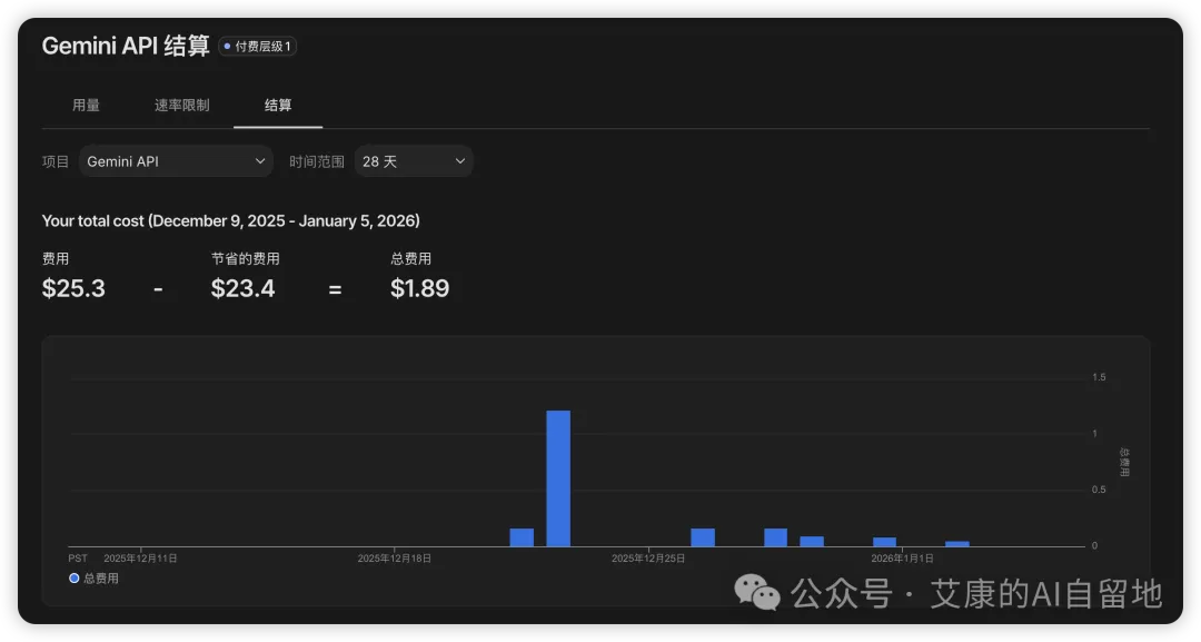 Gemini API 按量付费的结算页