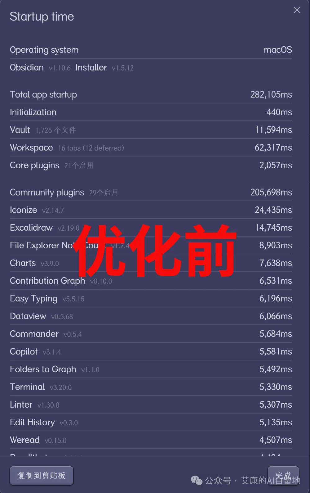 优化前 Obsidian 启动耗时 282 秒